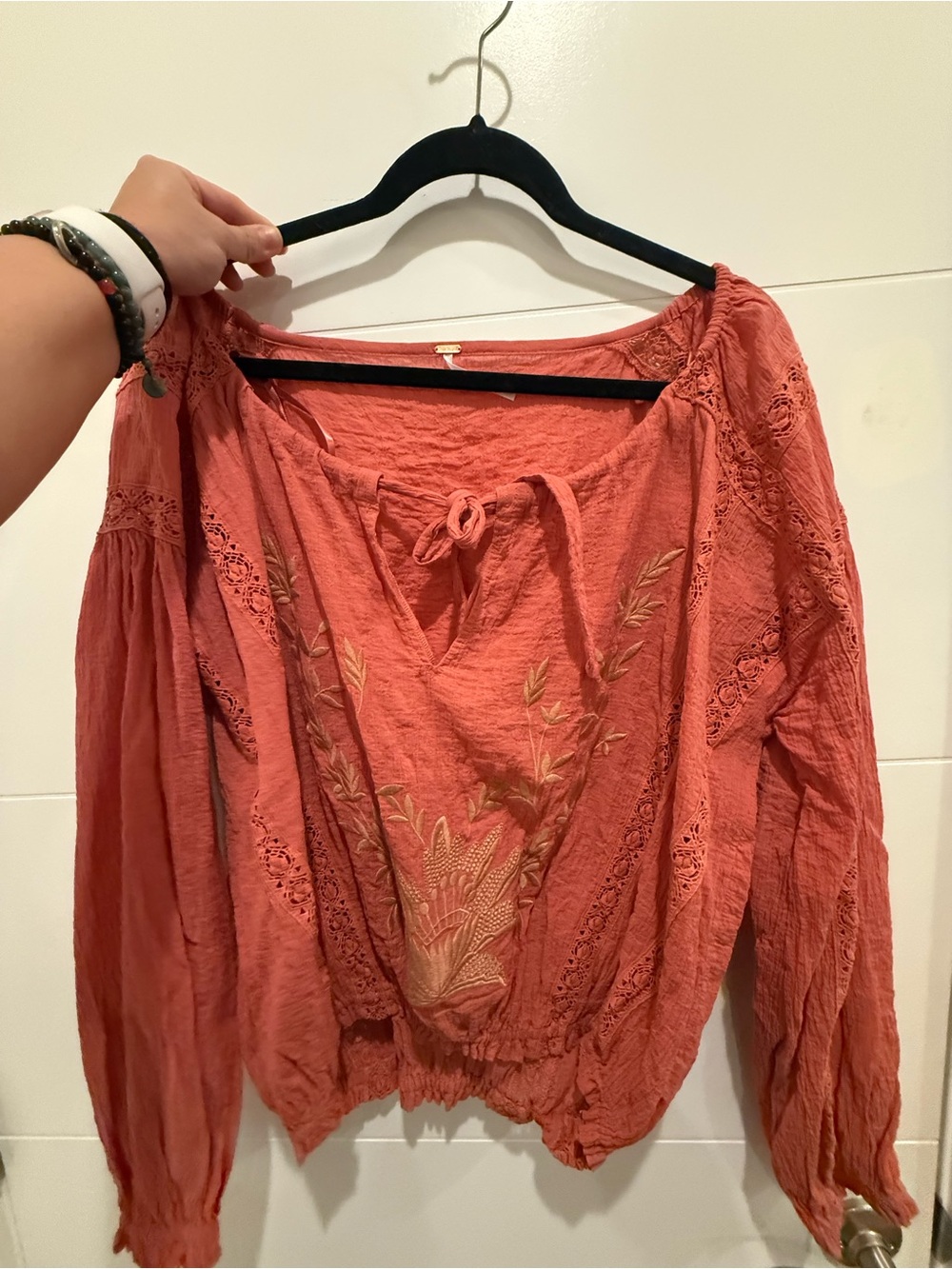 Free People Embroidered Peasant Blouse | Coral Boho Top | Size S/P